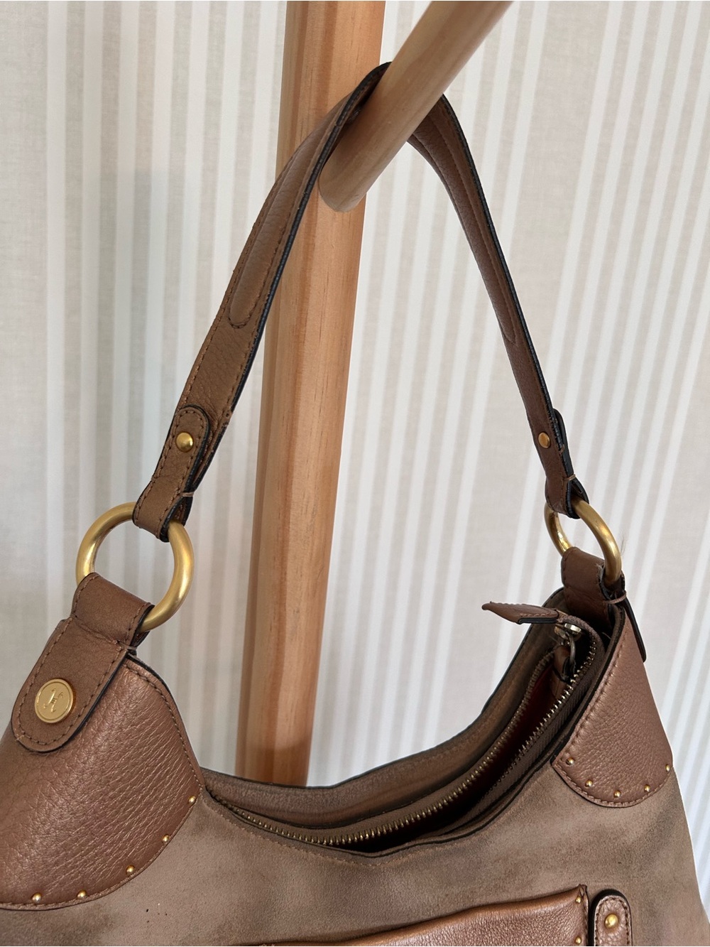 COLE HAAN STEPHANIE SUEDE bronze studded leather horsebit hobo equastrian bag - Picture 3 of 11